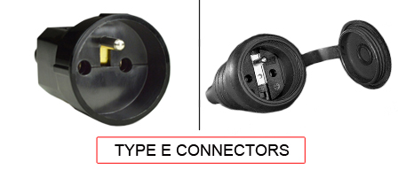 TYPE E Connectors are used in the following Countries:
<br>
Primary Country known for using TYPE E connectors is Belgium, France, Poland, Slovakia.

<br>Additional Countries that use TYPE E connectors are 
Algeria, Benin, Burundi, Cameroon, Central African Republic, Comoros, Congo - Democratic Republic, Congo - Republic of the, Czech Republic, Djibouti, Equatorial Guinea, Ethiopia, French Guiana, French Polynesia, Gabon, Guadeloupe, Ivory Coast, Madagascar, Mali - Republic of, Martinique, Monaco, Mongolia, Morocco, Reunion, Senegal, Somalia, Syria, Togo, Tunisia.

<br><font color="yellow">*</font> Additional Type E Electrical Devices:

<br><font color="yellow">*</font> <a href="https://internationalconfig.com/icc6.asp?item=TYPE-E-PLUGS" style="text-decoration: none">Type E Plugs</a>  

<br><font color="yellow">*</font> <a href="https://internationalconfig.com/icc6.asp?item=TYPE-E-OUTLETS" style="text-decoration: none">Type E Outlets</a> 

<br><font color="yellow">*</font> <a href="https://internationalconfig.com/icc6.asp?item=TYPE-E-POWER-CORDS" style="text-decoration: none">Type E Power Cords</a> 

<br><font color="yellow">*</font> <a href="https://internationalconfig.com/icc6.asp?item=TYPE-E-POWER-STRIPS" style="text-decoration: none">Type E Power Strips</a>

<br><font color="yellow">*</font> <a href="https://internationalconfig.com/icc6.asp?item=TYPE-E-ADAPTERS" style="text-decoration: none">Type E Adapters</a>

<br><font color="yellow">*</font> <a href="https://internationalconfig.com/worldwide-electrical-devices-selector-and-electrical-configuration-chart.asp" style="text-decoration: none">Worldwide Selector. All Countries by TYPE.</a>

<br>View examples of TYPE E connectors below.